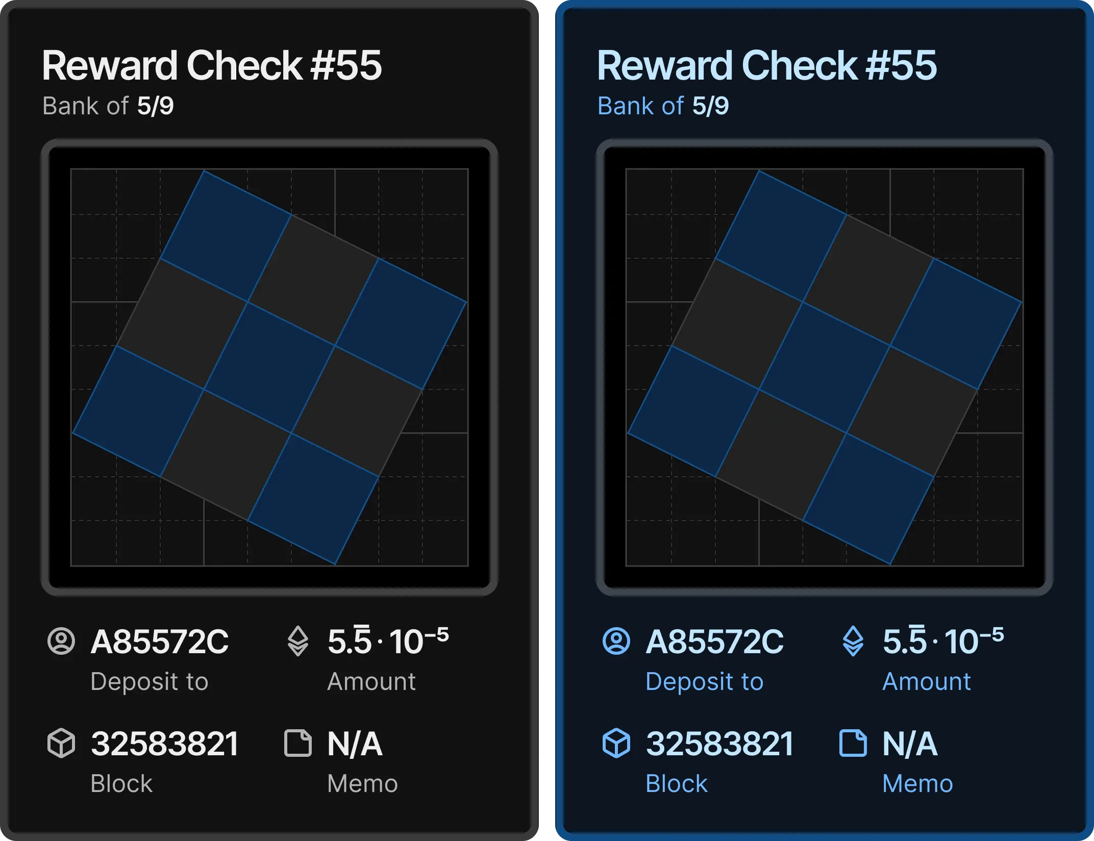 2 sample 5/9 reward checks side by side.