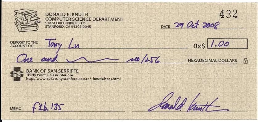 A reward check for $2.56 from Donald Knuth to Tony Lu from the fictional Bank of San Serriffe.